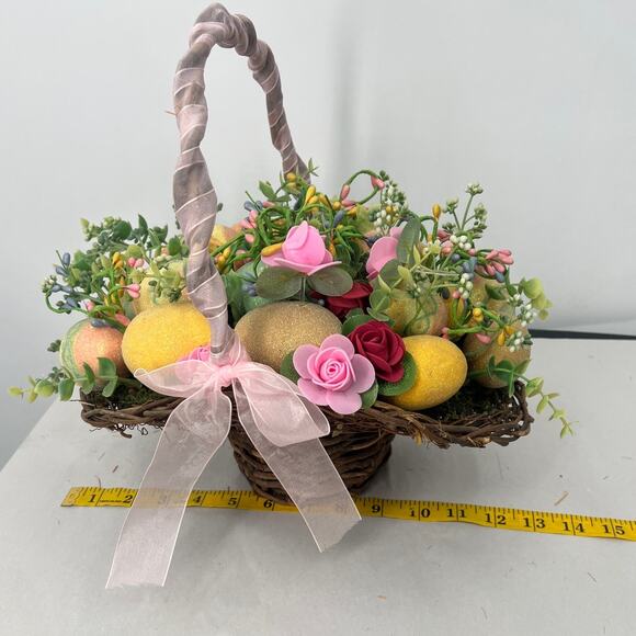 Easter Basket Filled  Eggs Floral Greenery Wicker Hat Table Decor Centerpiece - Picture 6 of 6
